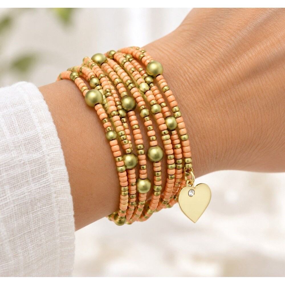 Multi-Wrap Beaded Bracelet Peach Gold Tone Heart Charm Boho Stretch Jewelry